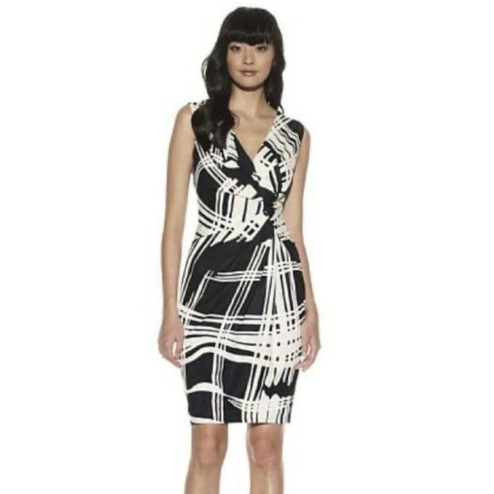 Escada Dido black  &  white print sleeveless Twisted faux wrap midi dress 34 SP